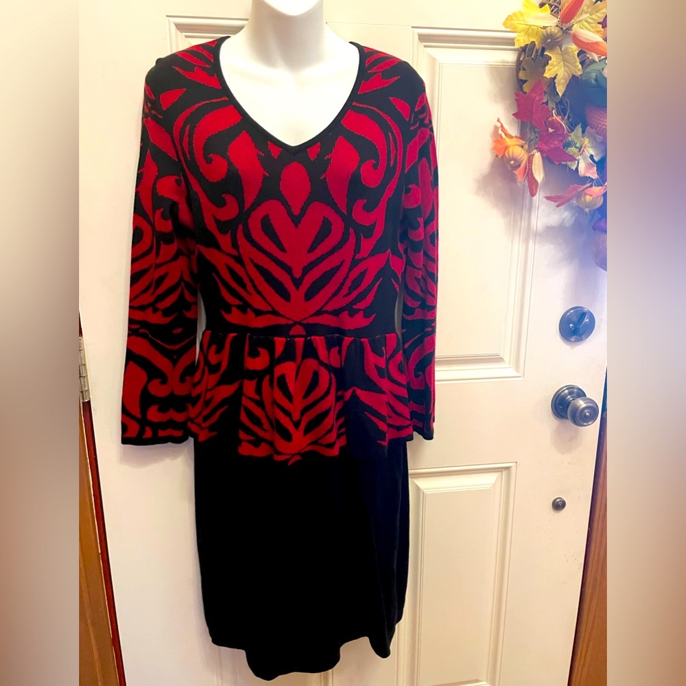 Spense Medium Peplum V-Neck Style Knit Dress in festive Red and Black.
